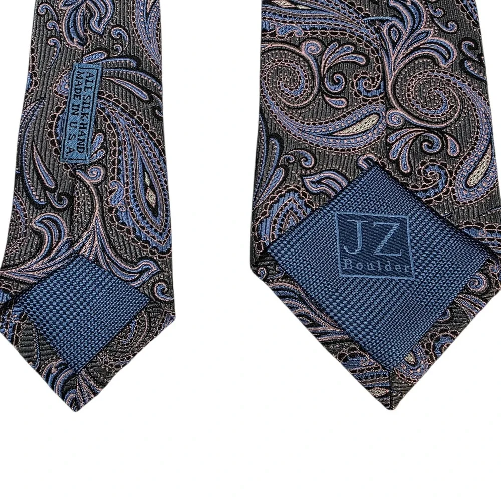 JZ Richards Mens Necktie Gray‎ Pink Blue Silk Paisley Handmade Embroidered USA